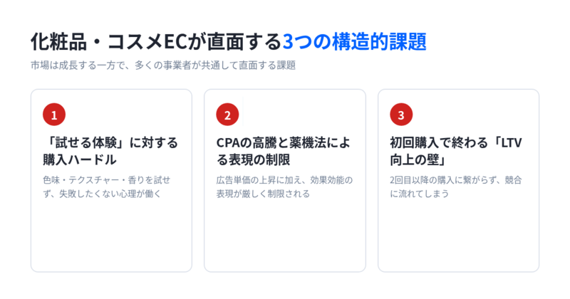化粧品ECの3つの構造的課題（試せる体験に対する購入ハードル、CPAの高騰と薬機法による表現の制限、LTV向上の壁）を示した図